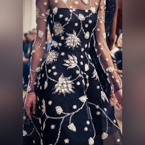 ◇$7,900 OSCAR DE LA RENTA EXCL FLORAL EMBROID BLACK TULLE SILK MIDI DRESS US 6 M